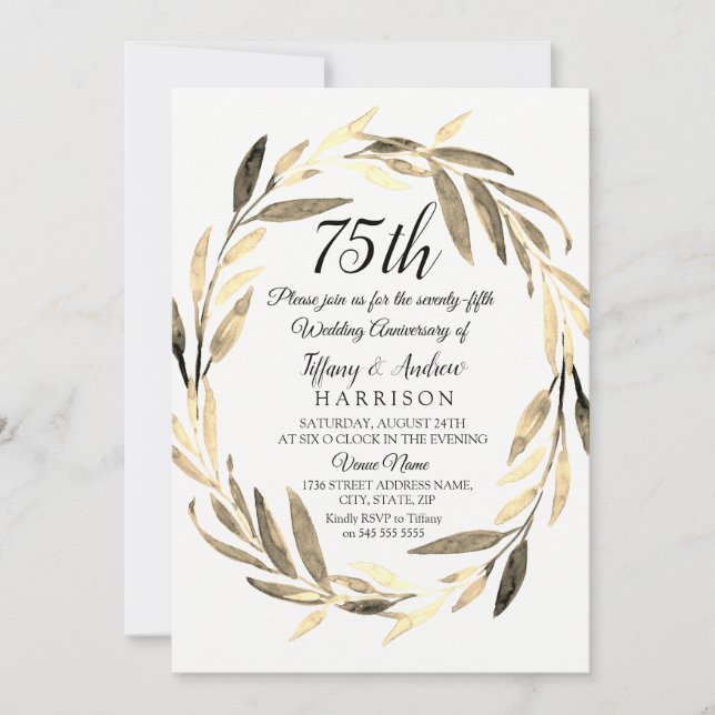 Invitation Golden Leaf Wreath 75e anniversaire Mariage Invita (Devant)