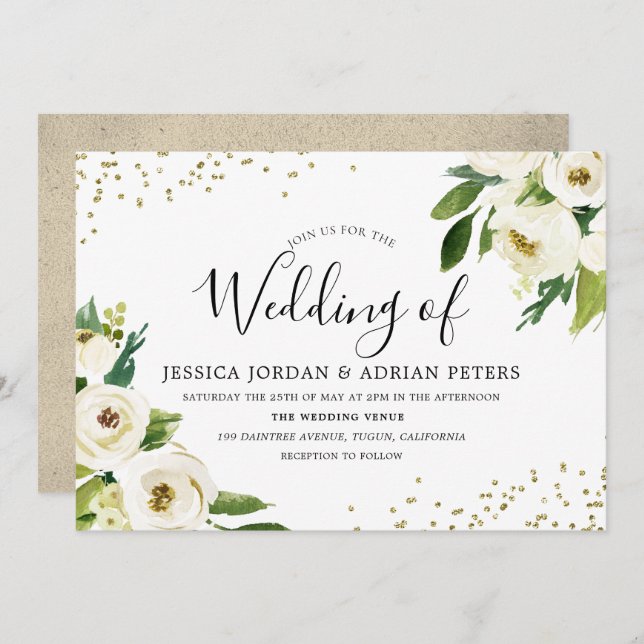 Invitation Golden Modern White Floral Mariage (Devant / Derrière)