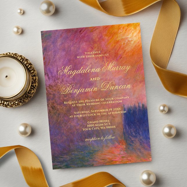 Invitation Golden Orange Purple Sunset Sky Monet Art Wedding (Créateur téléchargé)