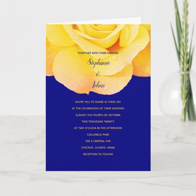 Invitation Golden Orange Yellow Rose Marine bleu Mariage Flor (Devant)