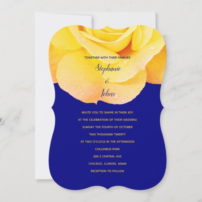 Invitation Golden Orange Yellow Rose Marine bleu Mariage Flor (Devant)