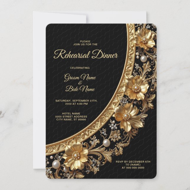 Invitation Golden Ornate Frame Rehearsal Dinner (Devant)