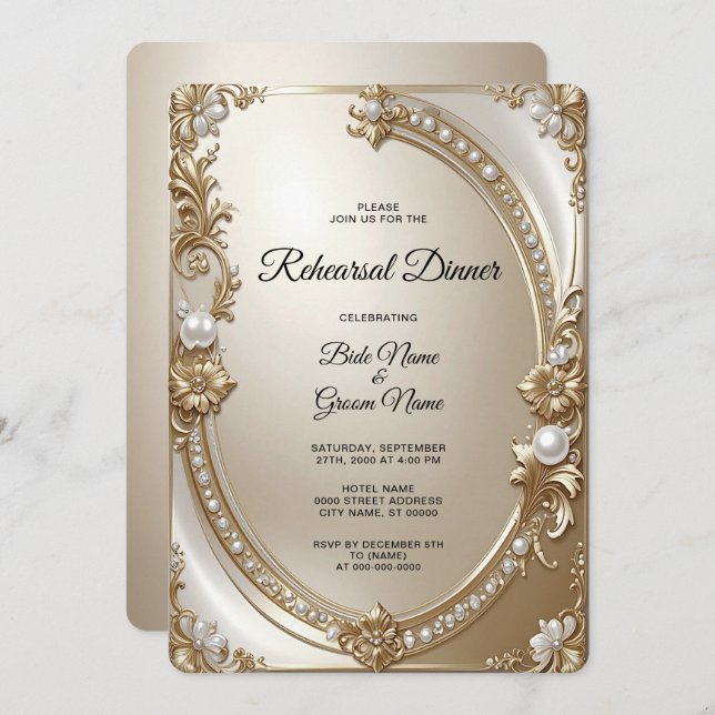 Invitation Golden Ornate Frame with Pearls Rehearsal Dinner (Devant / Derrière)