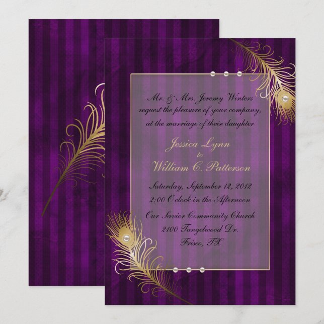 Invitation Golden Peacock Feathers & Pearls Mariage (Devant / Derrière)