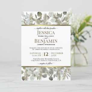 Invitation Golden Pine & Eucalyptus Rustique Mariage d'hiver