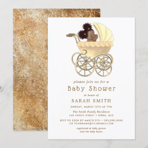 Invitation Golden Pram Cute Baby Gold Baby shower