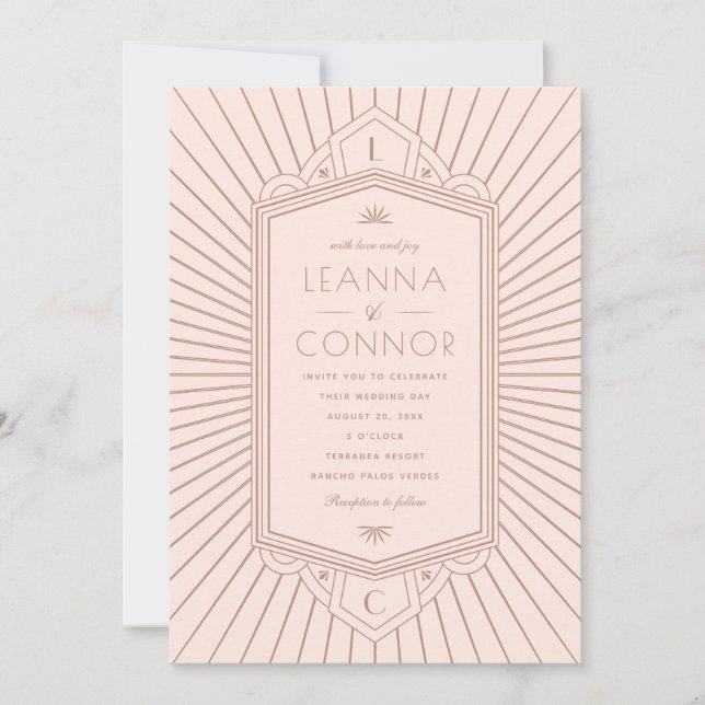 Invitation Golden Rays Initials Rose Gold Art Deco Wedding (Devant)