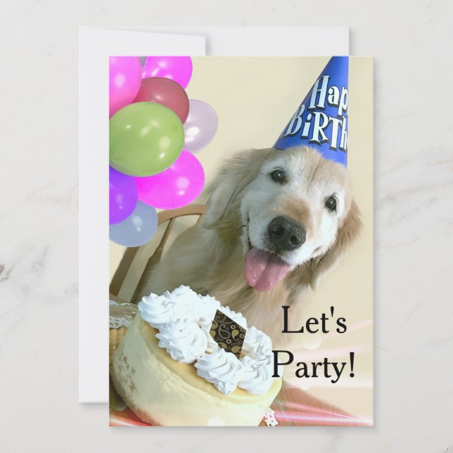 Invitation Golden retriever avec l'anniversaire de gâteau et (Devant)