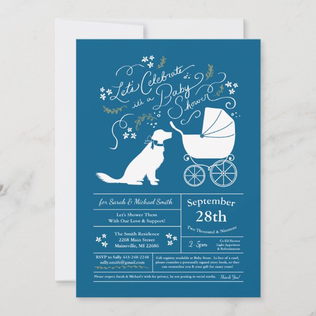 Invitation Golden Retriever Baby shower chien bleu (Devant)