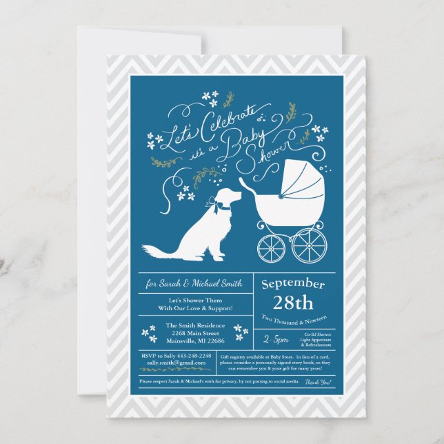 Invitation Golden Retriever Baby shower chien Français Blue B (Devant)