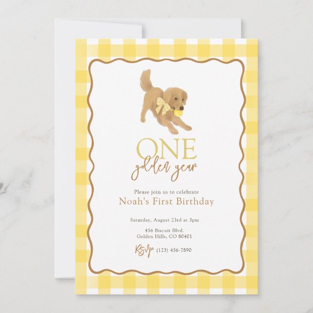 Invitation Golden Retriever un an d'or premier anniversaire (Devant)