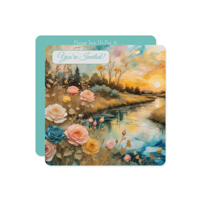 Invitation Golden Rose River Valley Sunrise Bride V (Devant/Arrière en situation)