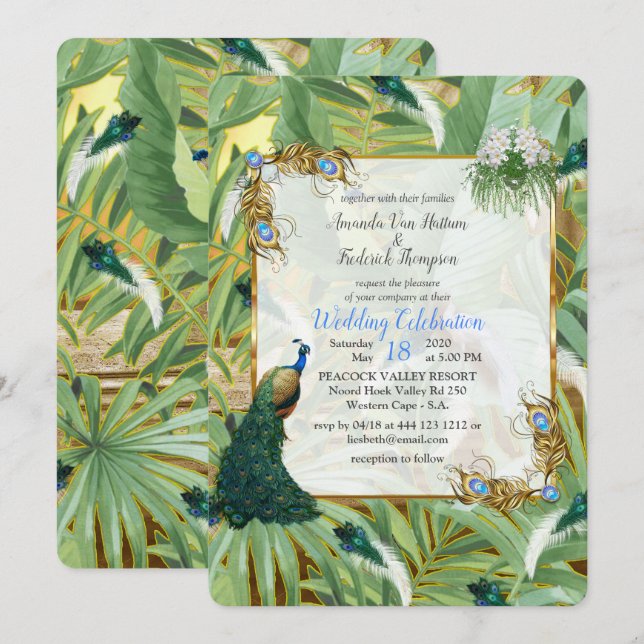Invitation Golden Royal Peacock Feathers (Devant / Derrière)