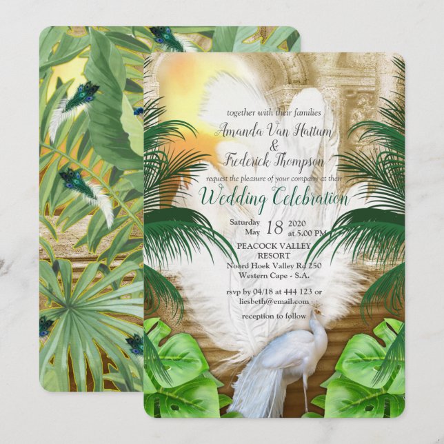 Invitation Golden Royal White Peacock Feathers (Devant / Derrière)