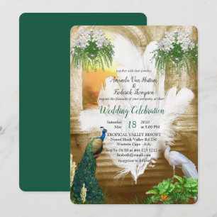 Invitation Golden Royal White Peacock Feathers