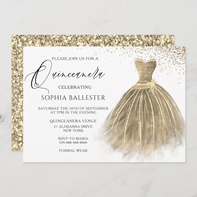 Invitation Golden Sepia Gold Parties scintillant robe de gown (Devant / Derrière)