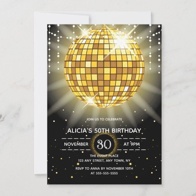 Invitation Golden Shiny Disco Ball Black Anniversaire (Devant)