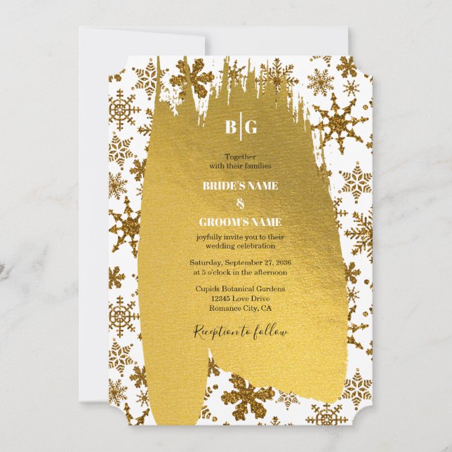 Invitation Golden Snowflakes Festive Mariage de Noël (Devant)