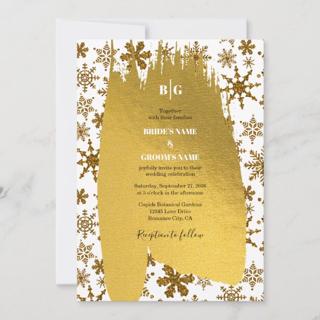 Invitation Golden Snowflakes Festive Mariage de Noël (Devant)
