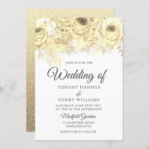 Invitation Golden Sparkle Floral Mariage élégant