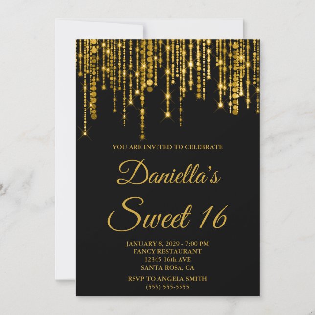 Invitation Golden Sparkly String Lights Black Sweet 16 (Devant)