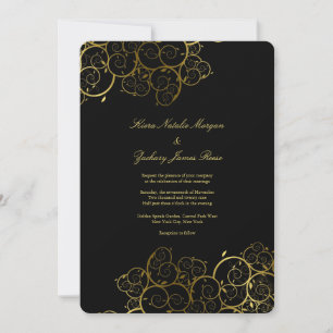 Invitation Golden Spirals Vine Classy Black Wedding Invitatio