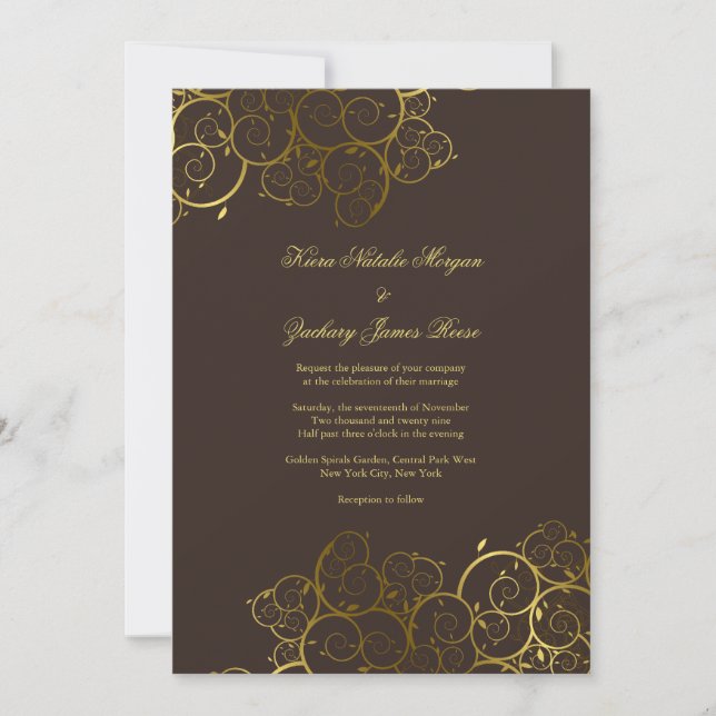 Invitation Golden Spirals Vine Classy Expresso Mariage Invite (Devant)