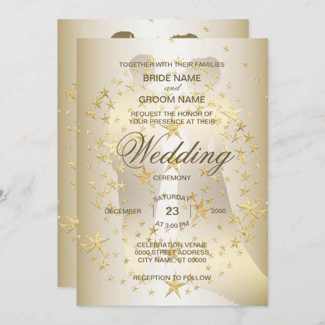 Invitation Golden Stars Bride And Groom Wedding (Devant / Derrière)