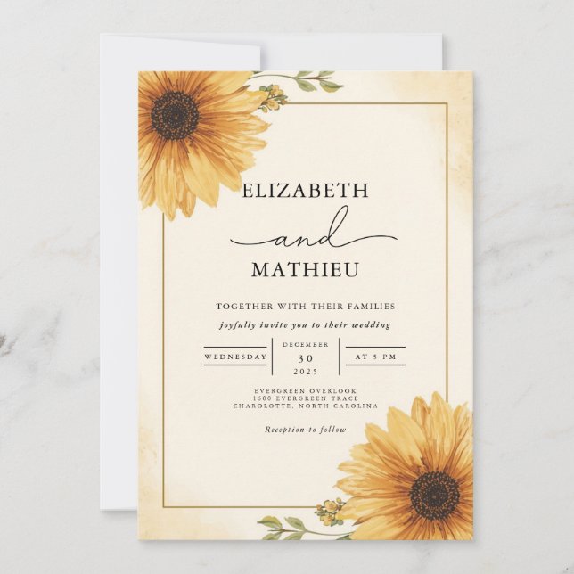Invitation Golden Sunflower Corner Floral Mariage (Devant)