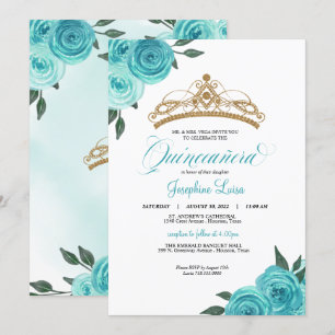 Invitation Golden Tiara Quinceañera Rose turquoise