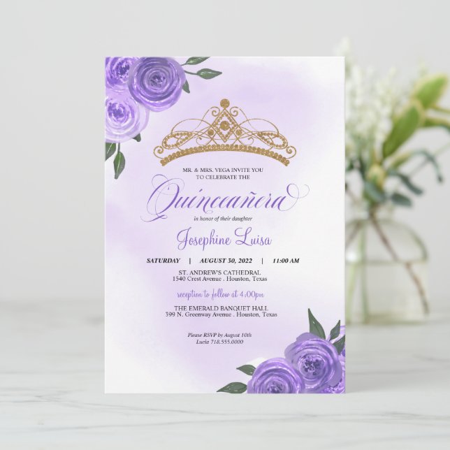 Invitation Golden Tiara Quinceañera, Rose violette (Debout devant)