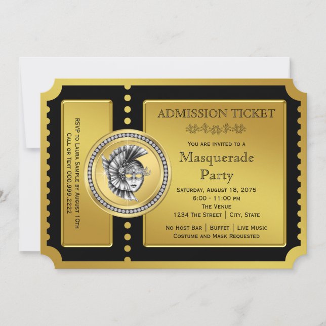 Invitation Golden Ticket Black and Gold Masquerade Party (Devant)