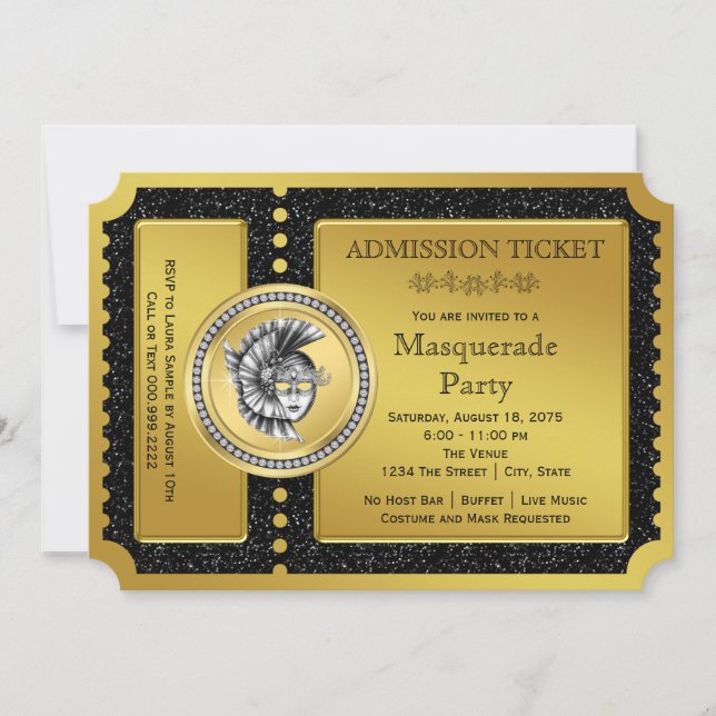 Invitation Golden Ticket Gold Masquerade Party (Devant)
