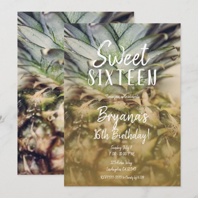 Invitation Golden Tropical Ananas Sweet 16 Party (Devant / Derrière)