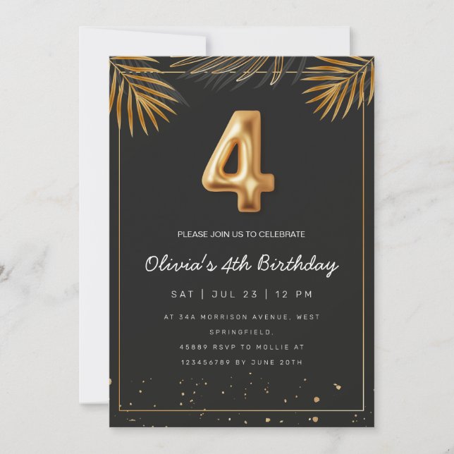 Invitation Golden Tropical Palm Feuille 4e anniversaire (Devant)