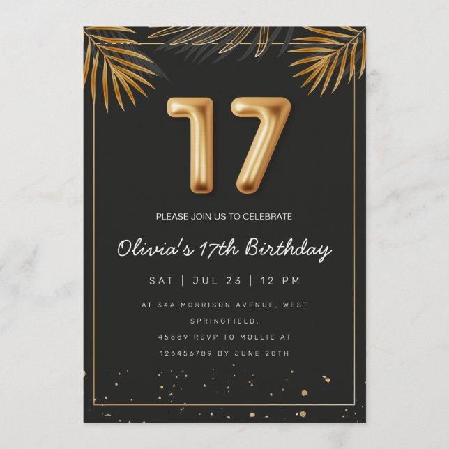 Invitation Golden Tropical Palm Leaves 17th Birthday  (Devant)