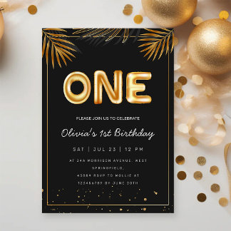 Invitation Golden Tropical Palm Leaves 1st Birthday