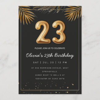 Invitation Golden Tropical Palm Leaves 23th Birthday