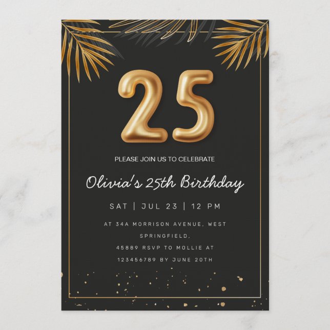 Invitation Golden Tropical Palm Leaves 25th Birthday  (Devant)
