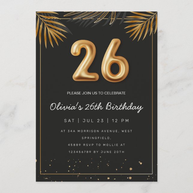 Invitation Golden Tropical Palm Leaves 26th Birthday  (Devant)