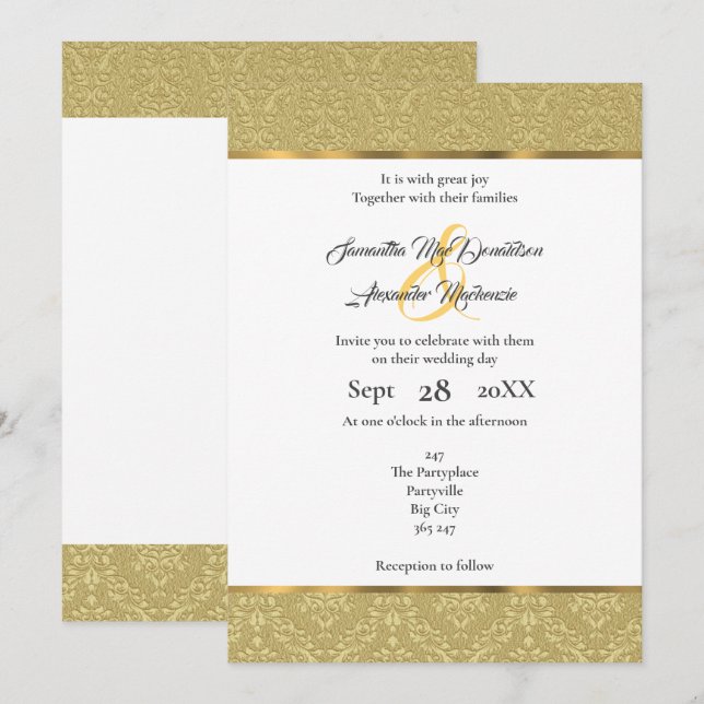 Invitation Golden vintage mariage damassé (Devant / Derrière)