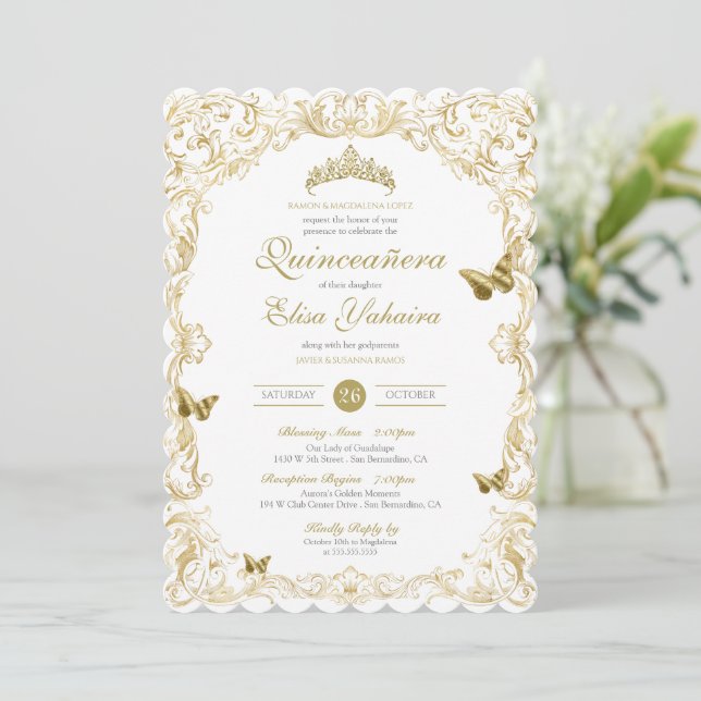 Invitation Golden White Elegant Baroque Regal Quinceanera (Debout devant)