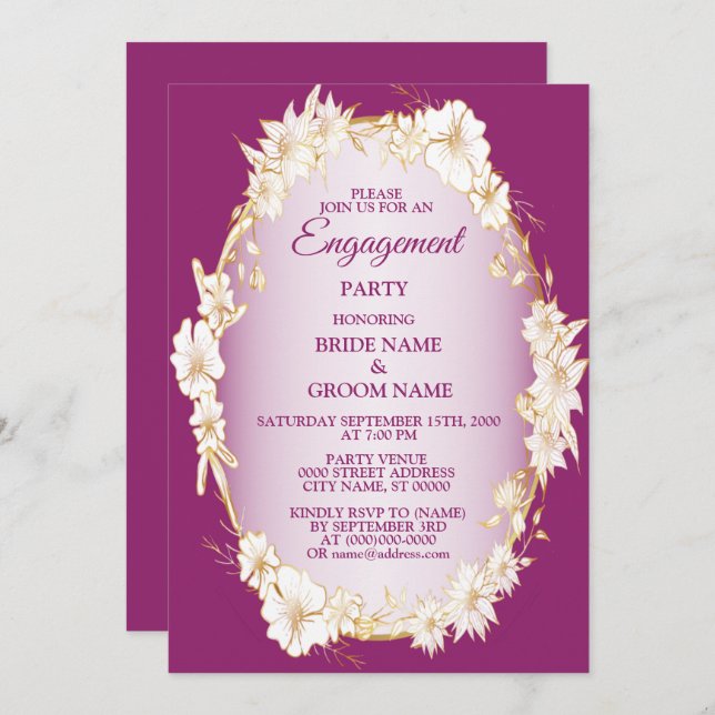 Invitation Golden White Floral Pink Rustic Engagement Party  (Devant / Derrière)