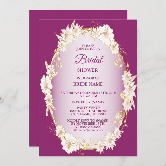 Invitation Golden White Floral Pink Wedding Bridal Shower (Devant / Derrière)