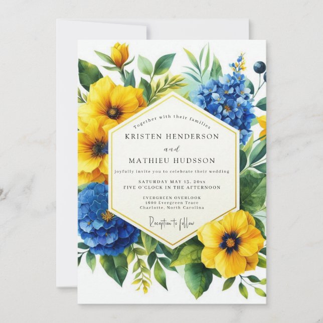 Invitation Golden Yellow Blue Bloom Wedding (Devant)