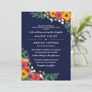 Invitation Golden Yellow Navy Boho Floral Parents Hébergement