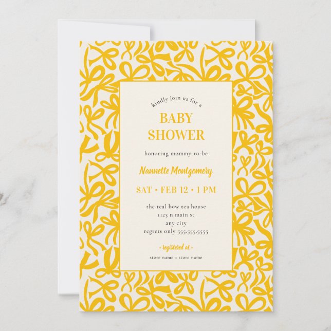 Invitation Golden Yellow Ribbons and Bows Baby Shower (Devant)