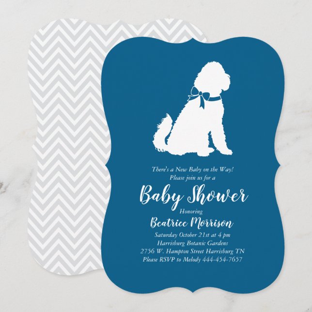 Invitation Goldendoodle Chien Baby shower Blue Boy (Devant / Derrière)
