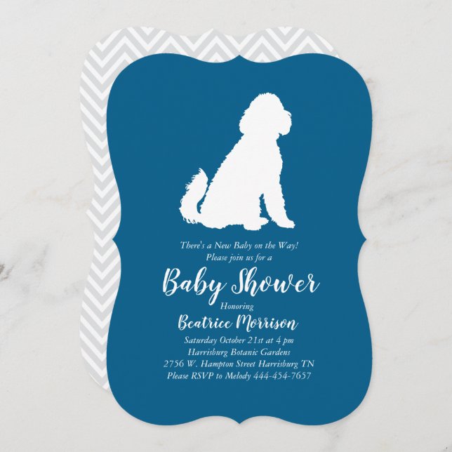 Invitation Goldendoodle Chien Baby shower Blue Boy (Devant / Derrière)