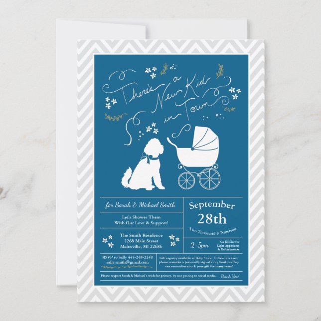 Invitation Goldendoodle Chien Baby shower Blue Boy (Devant)